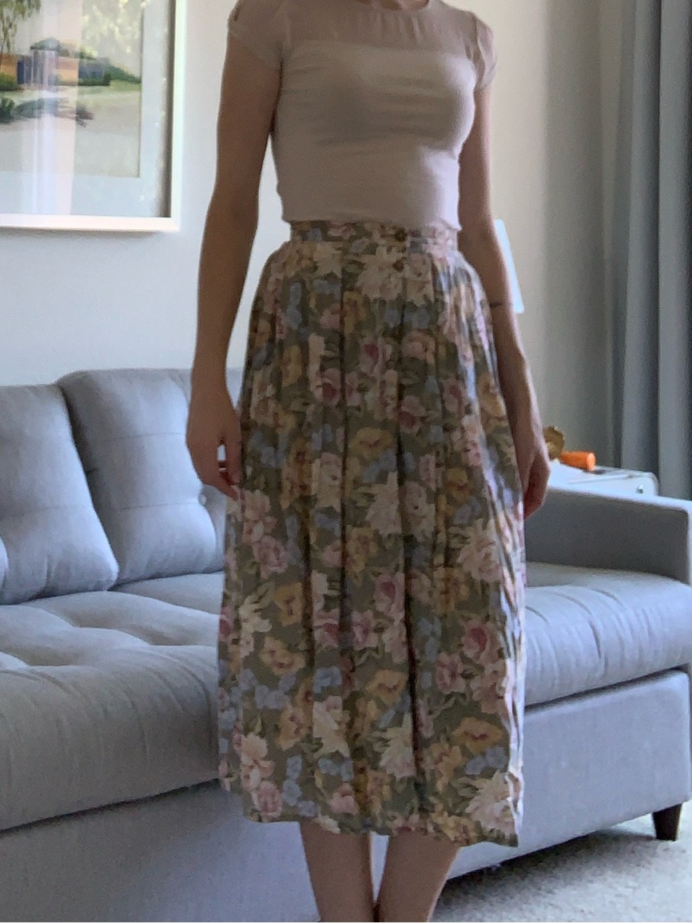 Floral Button Front Midi Skirt with Pleats - Soft Pastel Floral
